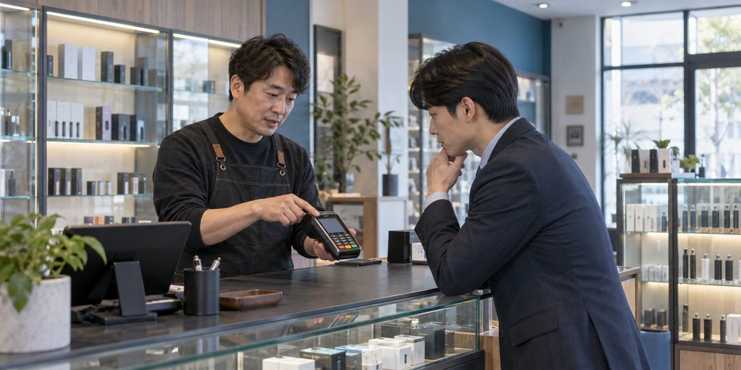 매장 카운터에서 단말기 이용을 설명하는 두 사람 — 오늘 판 돈이 내일 들어오면 몰이 이렇게 달라져요