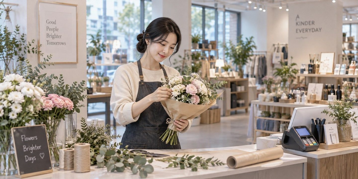 꽃이 놓인 매장 계산대에서 결제를 준비하는 운영자 — 쇼핑몰 PG 수수료 숫자 하나로 받은 견적, 여섯 줄로 갈라 옆에 놓아 드립니다.